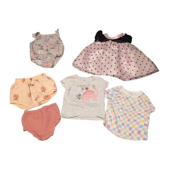 Girls 6 Piece Lot Of 6-9 Months Girls Summer Shirts, Romper, Diaper Cover - Picture 1 of 14